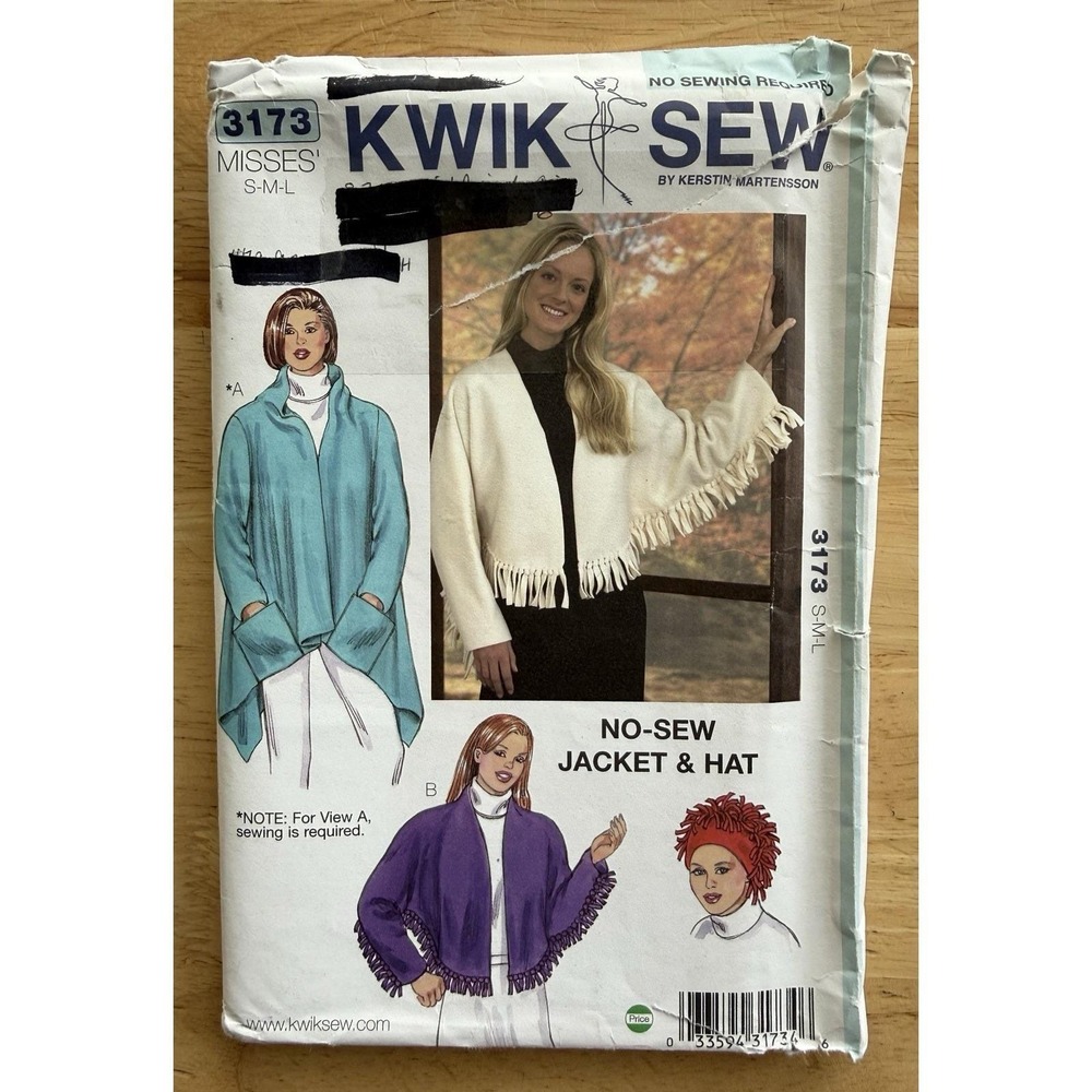 Kwik Sew Pattern 3173 jacket, Shawl & hat Size‎ S M L Uncut FF Open Package